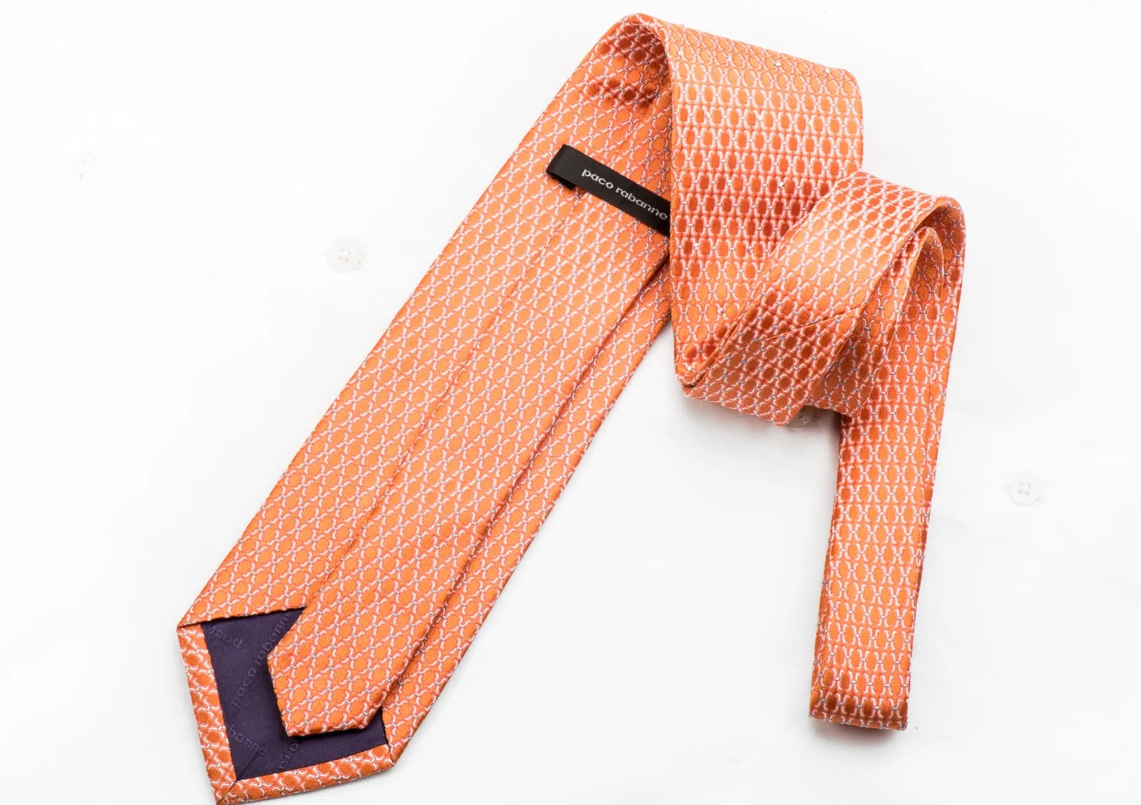 Paco Rabanne Men's Silk Tie Geometric On Orange Sparkling With Rhinestones