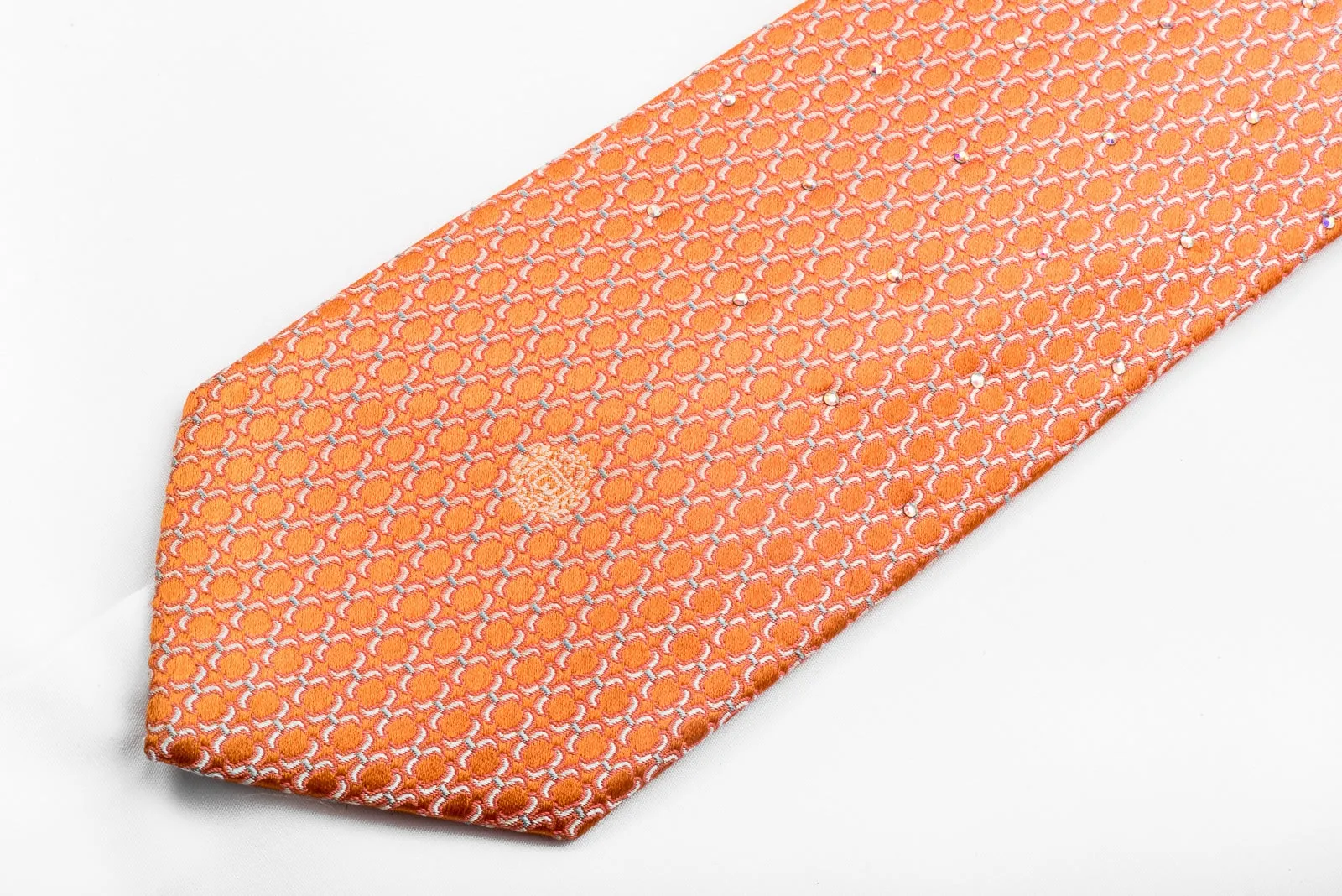 Paco Rabanne Men's Silk Tie Geometric On Orange Sparkling With Rhinestones