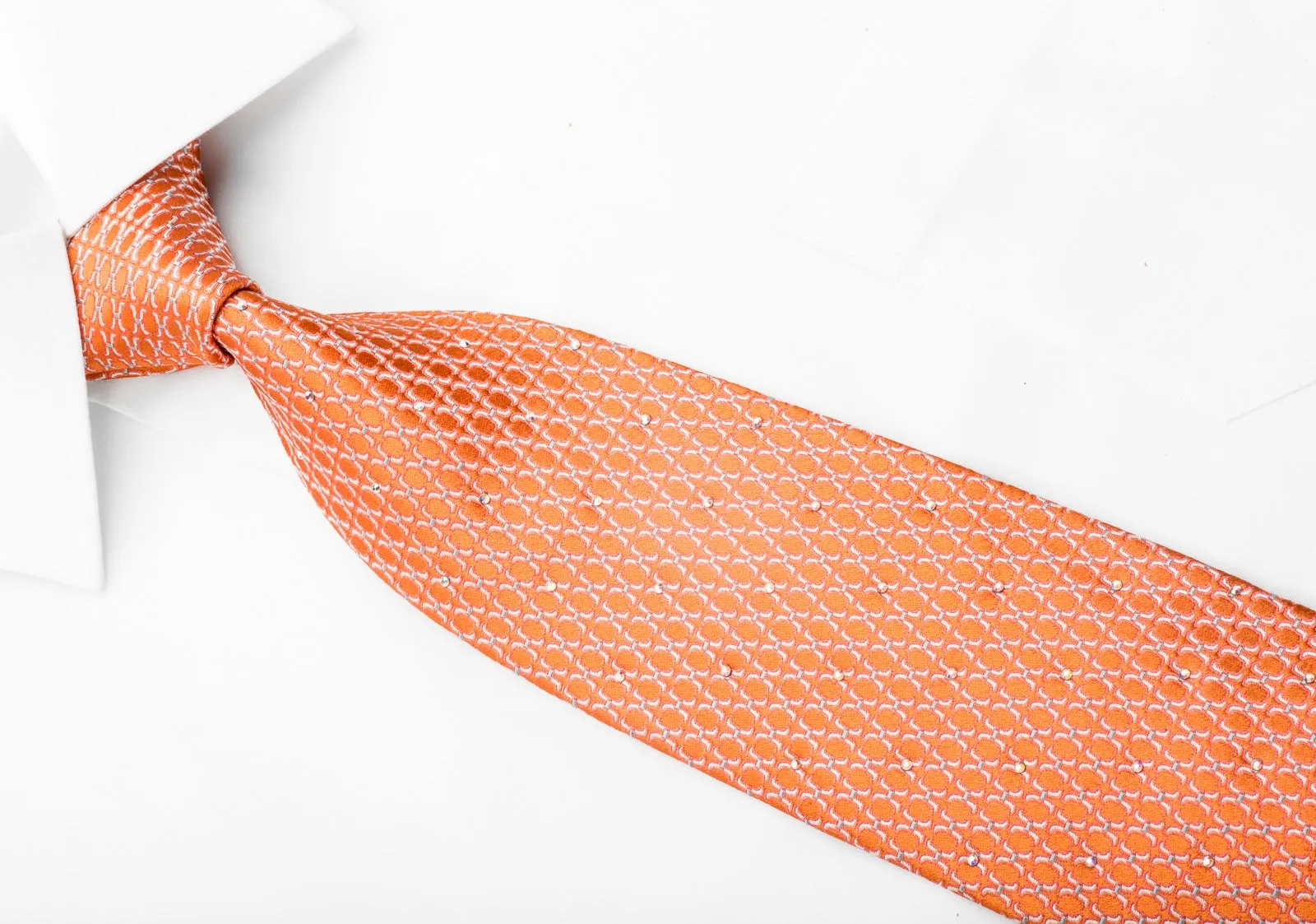 Paco Rabanne Men's Silk Tie Geometric On Orange Sparkling With Rhinestones