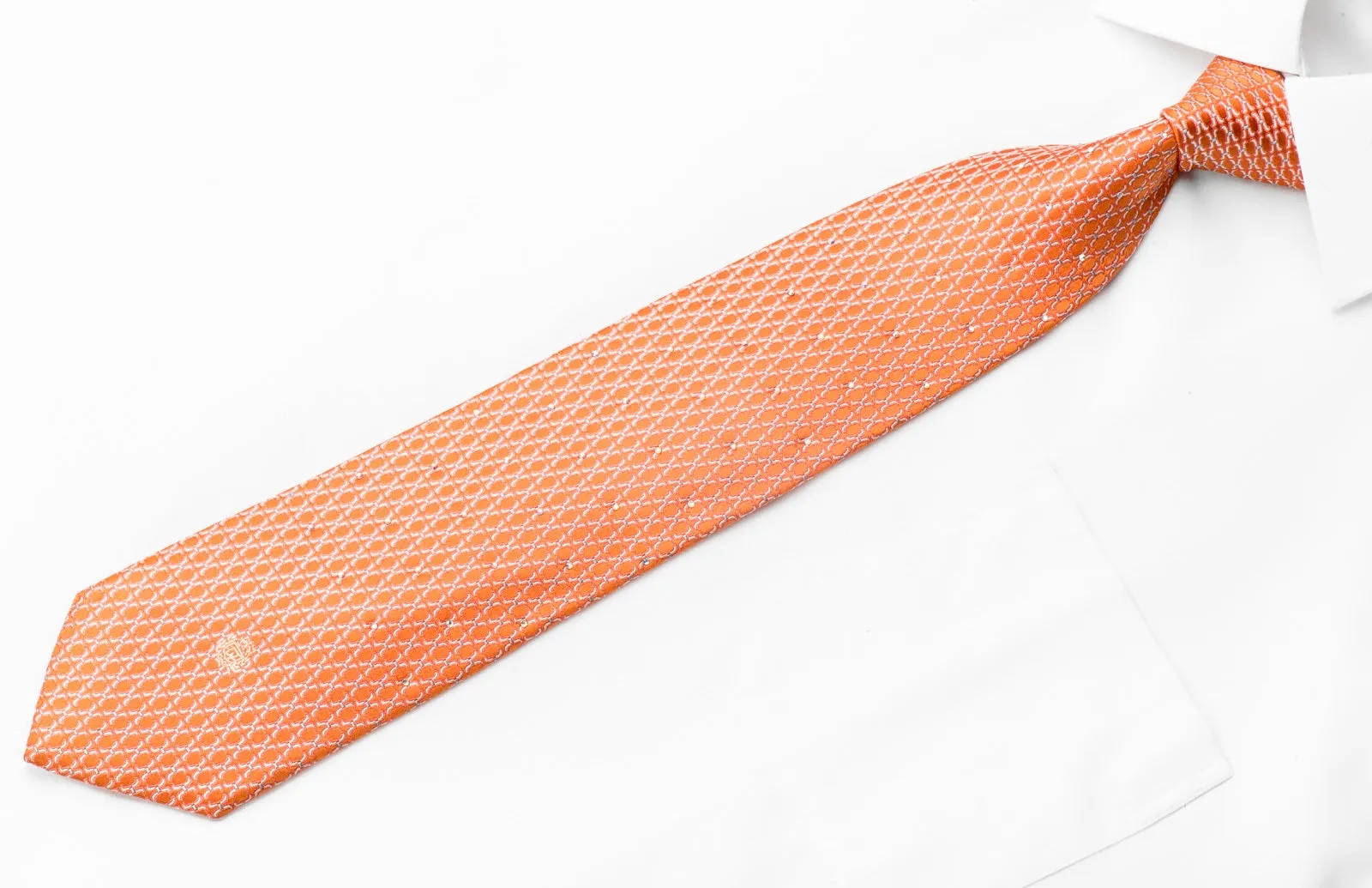 Paco Rabanne Men's Silk Tie Geometric On Orange Sparkling With Rhinestones