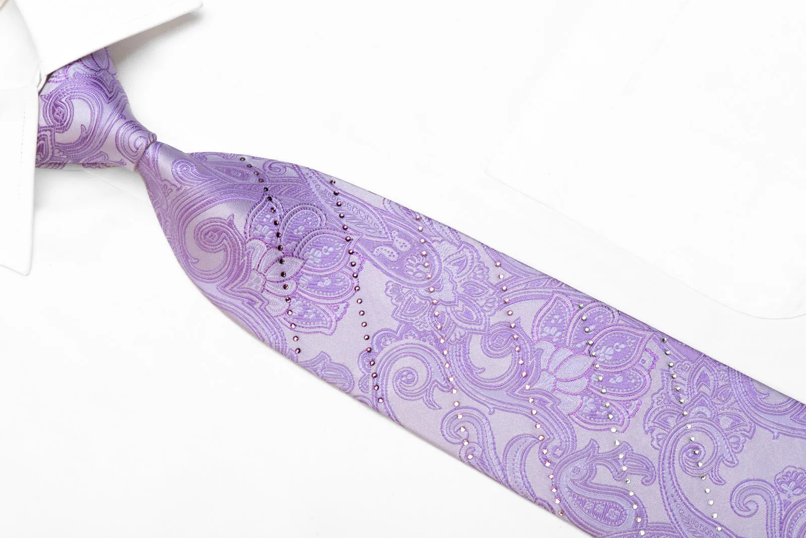 Perry Ellis Rhinestone Silk Necktie Paisley On Mauve With Purple Sparkles