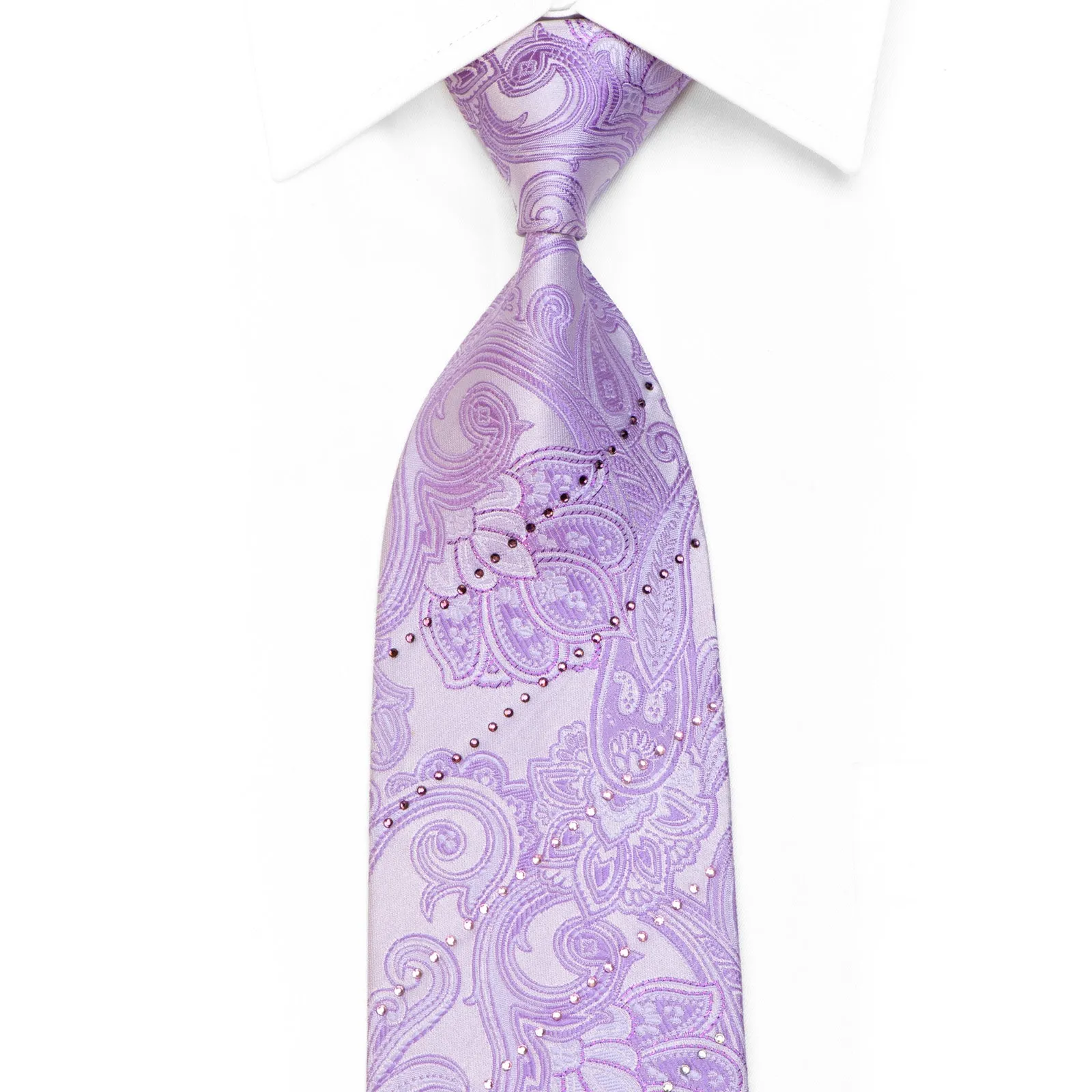 Perry Ellis Rhinestone Silk Necktie Paisley On Mauve With Purple Sparkles