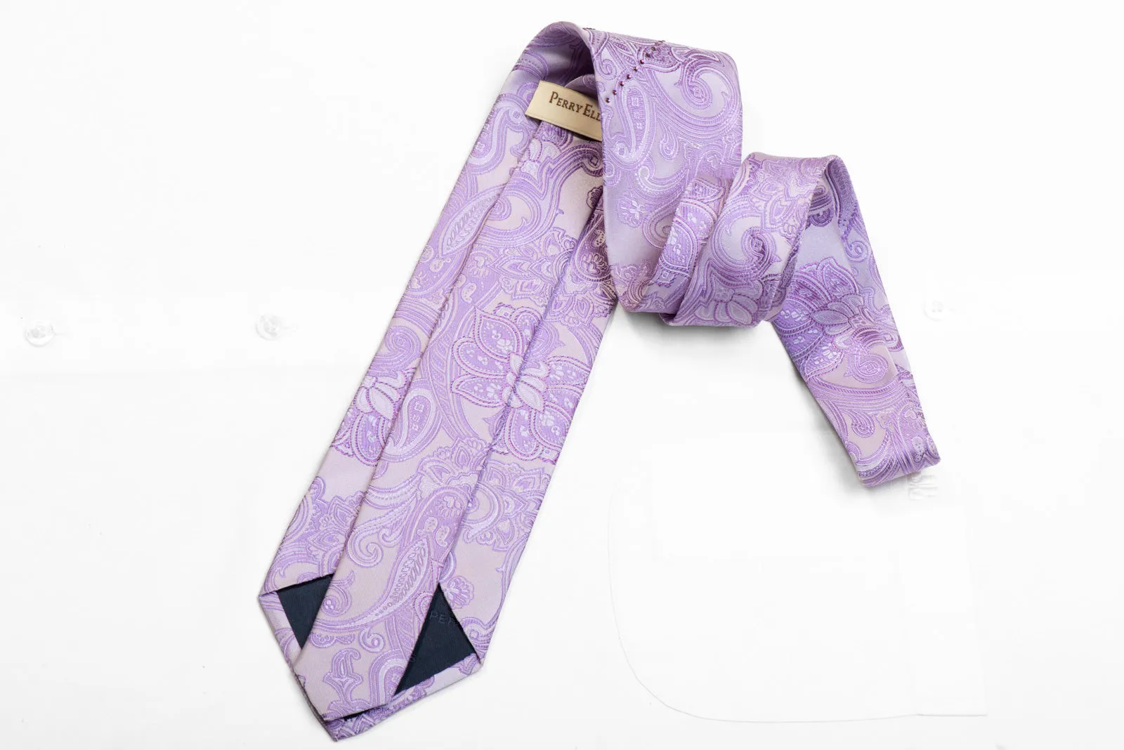 Perry Ellis Rhinestone Silk Necktie Paisley On Mauve With Purple Sparkles