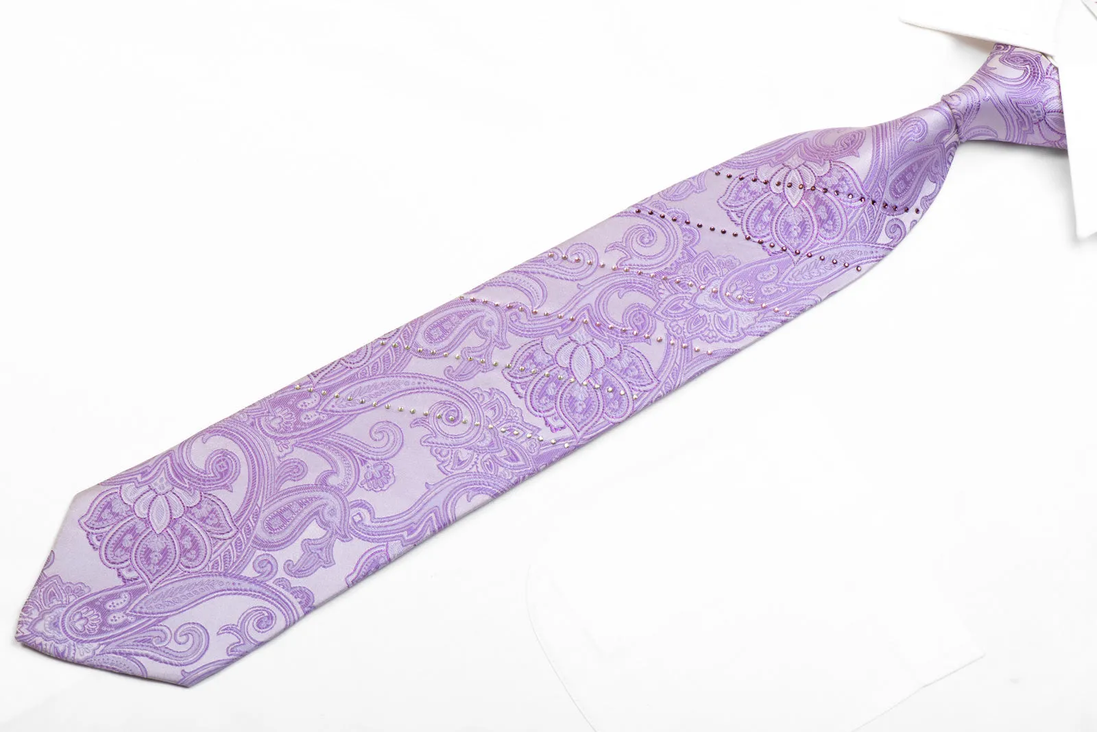 Perry Ellis Rhinestone Silk Necktie Paisley On Mauve With Purple Sparkles