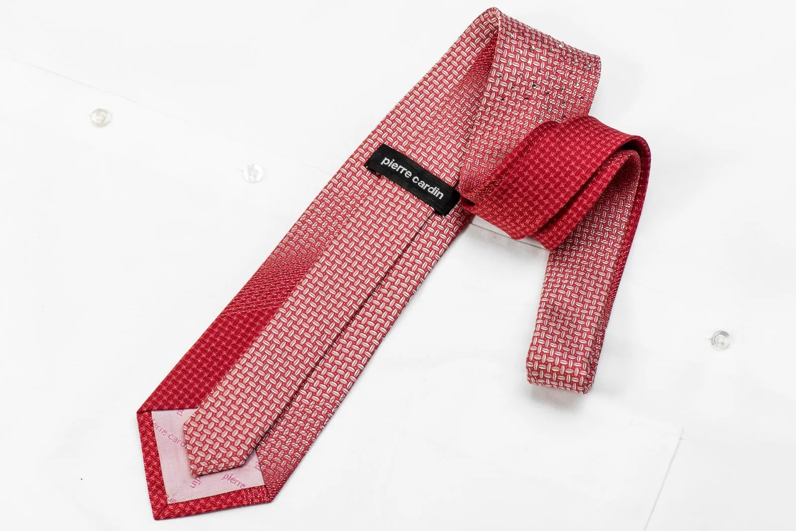 Pierre Cardin Men's Crystal Silk Necktie Silver Geometric On Red With Silver Sparkles