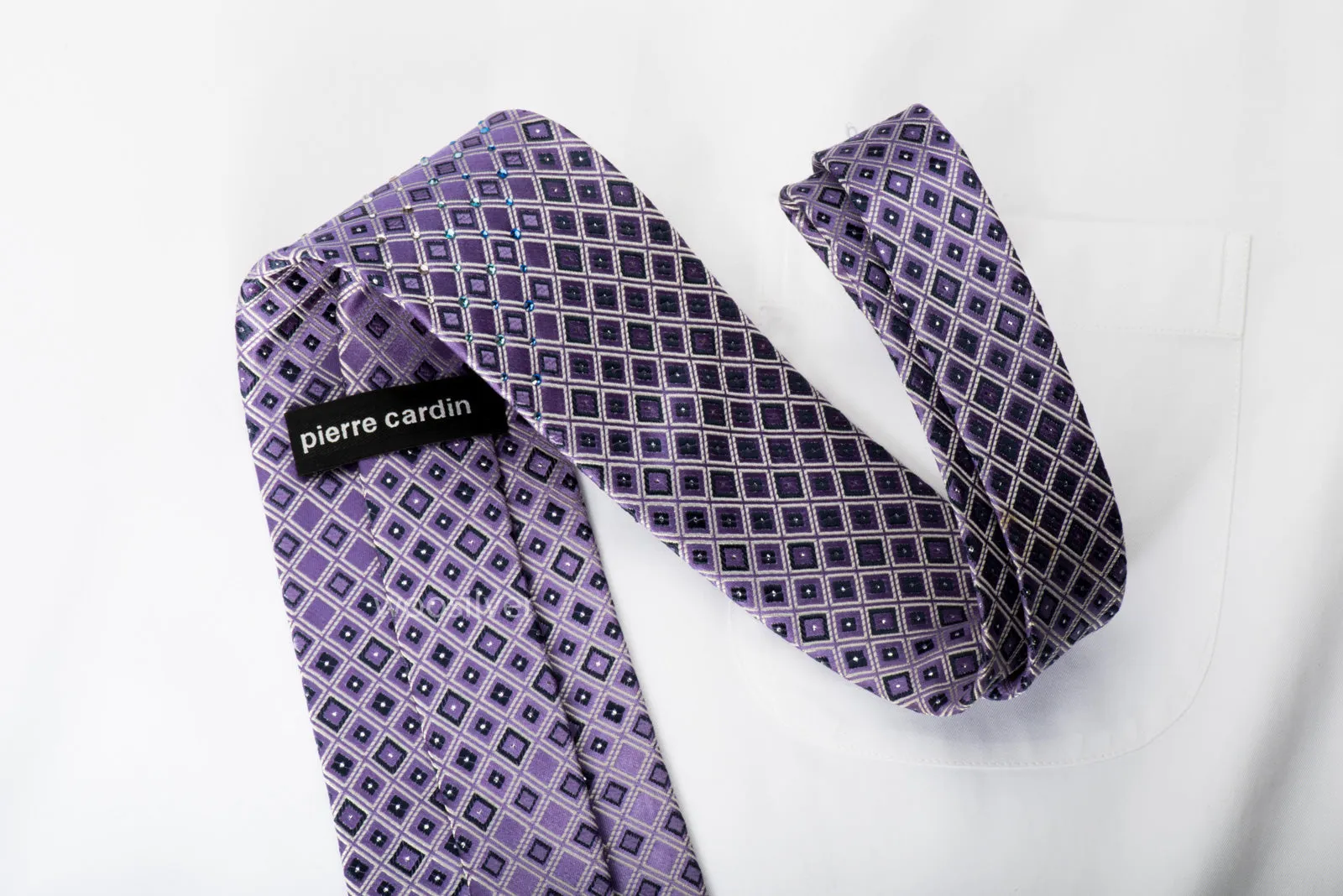 Pierre Cardin Rhinestone Silk Necktie Silver Geometric Trellis On Purple With Silver Sparkles