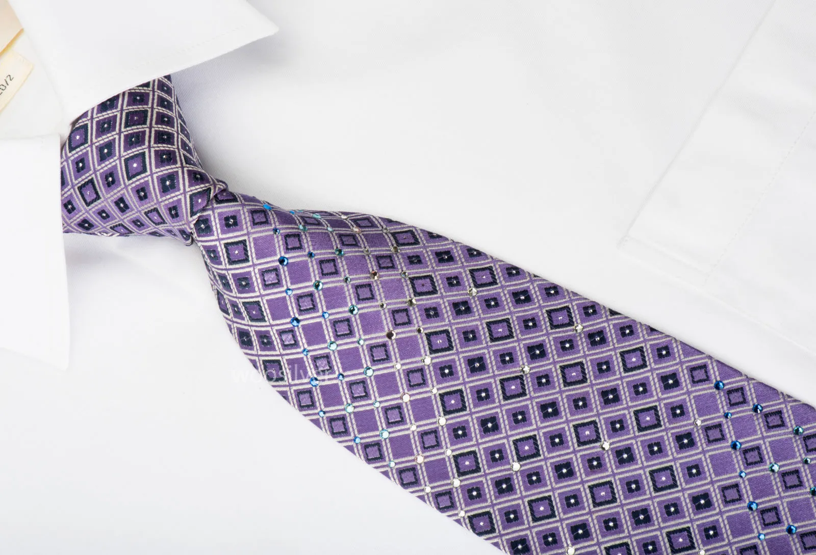 Pierre Cardin Rhinestone Silk Necktie Silver Geometric Trellis On Purple With Silver Sparkles