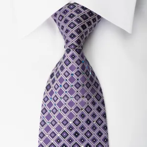 Pierre Cardin Rhinestone Silk Necktie Silver Geometric Trellis On Purple With Silver Sparkles