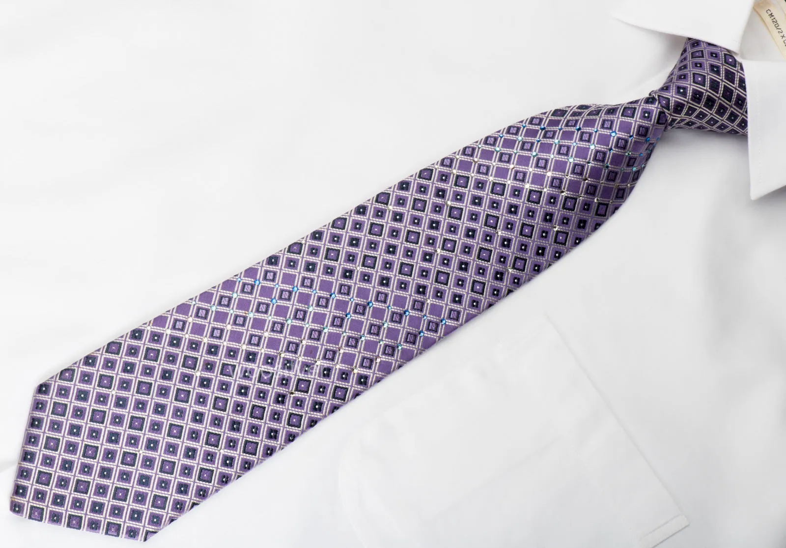 Pierre Cardin Rhinestone Silk Necktie Silver Geometric Trellis On Purple With Silver Sparkles