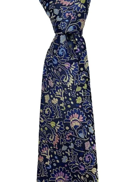 Pink, Blue, Green & Gold Mini-Floral Navy Blue Necktie