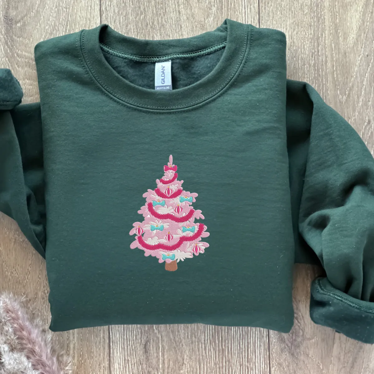 Pink Tree Christmas Sweatshirt, Holiday Winter Embroidered Crewneck Hoodie for Women Men