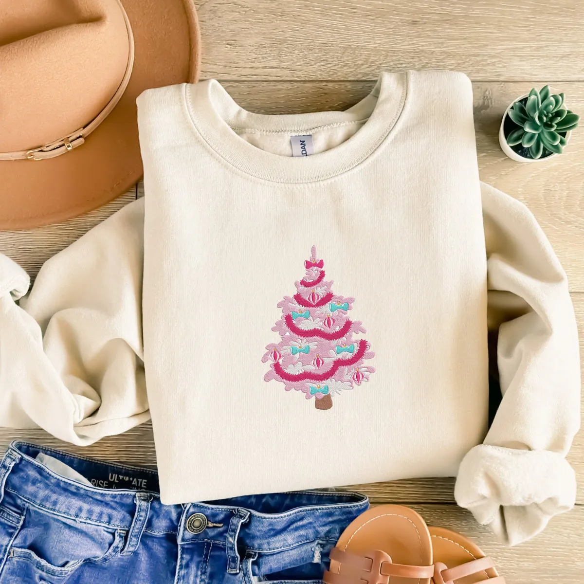 Pink Tree Christmas Sweatshirt, Holiday Winter Embroidered Crewneck Hoodie for Women Men