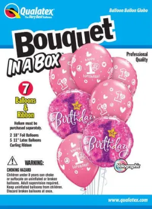 Qualatex - "Bouquet In A Box" 1st Birthday Latex Balloons - Pink (7ct)