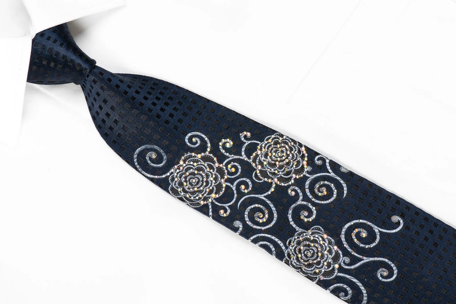 Renoma Men's Crystal Silk Necktie Black Floral & Silver Scrolls On Navy With Sparkles