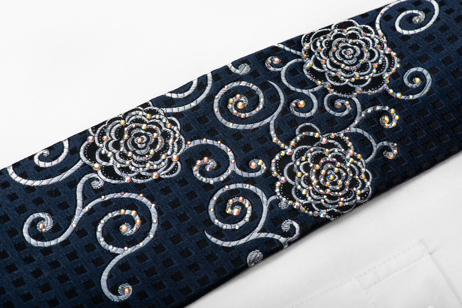 Renoma Men's Crystal Silk Necktie Black Floral & Silver Scrolls On Navy With Sparkles