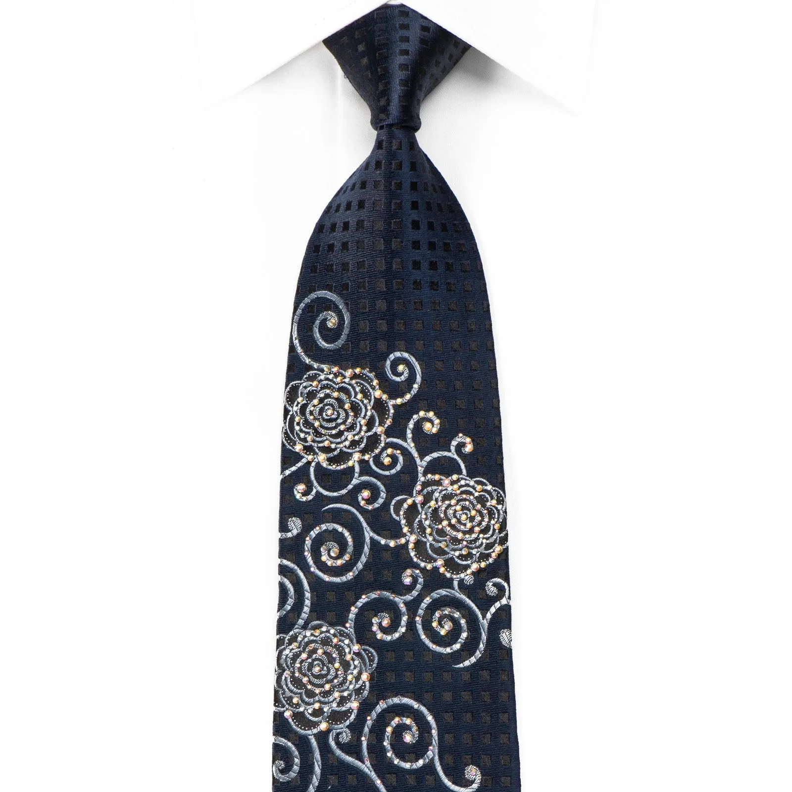 Renoma Men's Crystal Silk Necktie Black Floral & Silver Scrolls On Navy With Sparkles