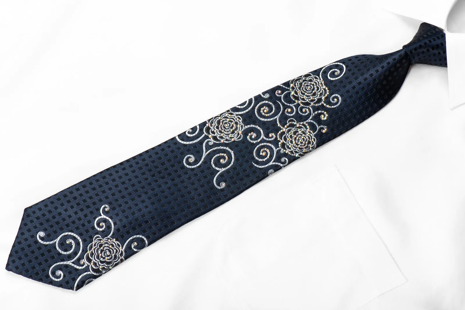 Renoma Men's Crystal Silk Necktie Black Floral & Silver Scrolls On Navy With Sparkles