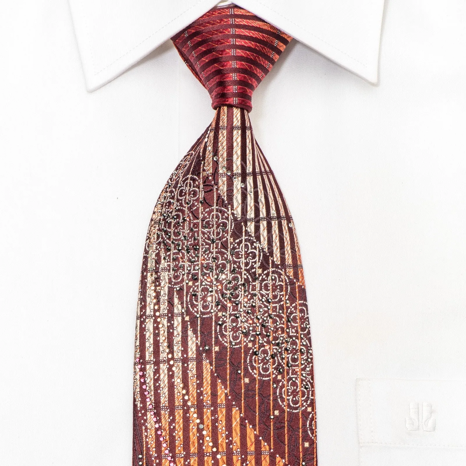 Renoma Men's Silk Necktie Orange Vertical Striped On Burgundy Sparkling With Rhinestones