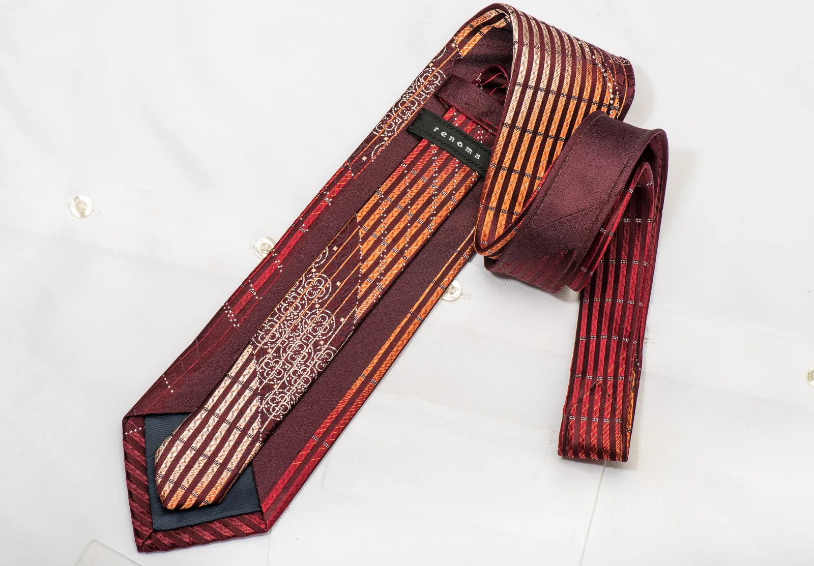 Renoma Men's Silk Necktie Orange Vertical Striped On Burgundy Sparkling With Rhinestones