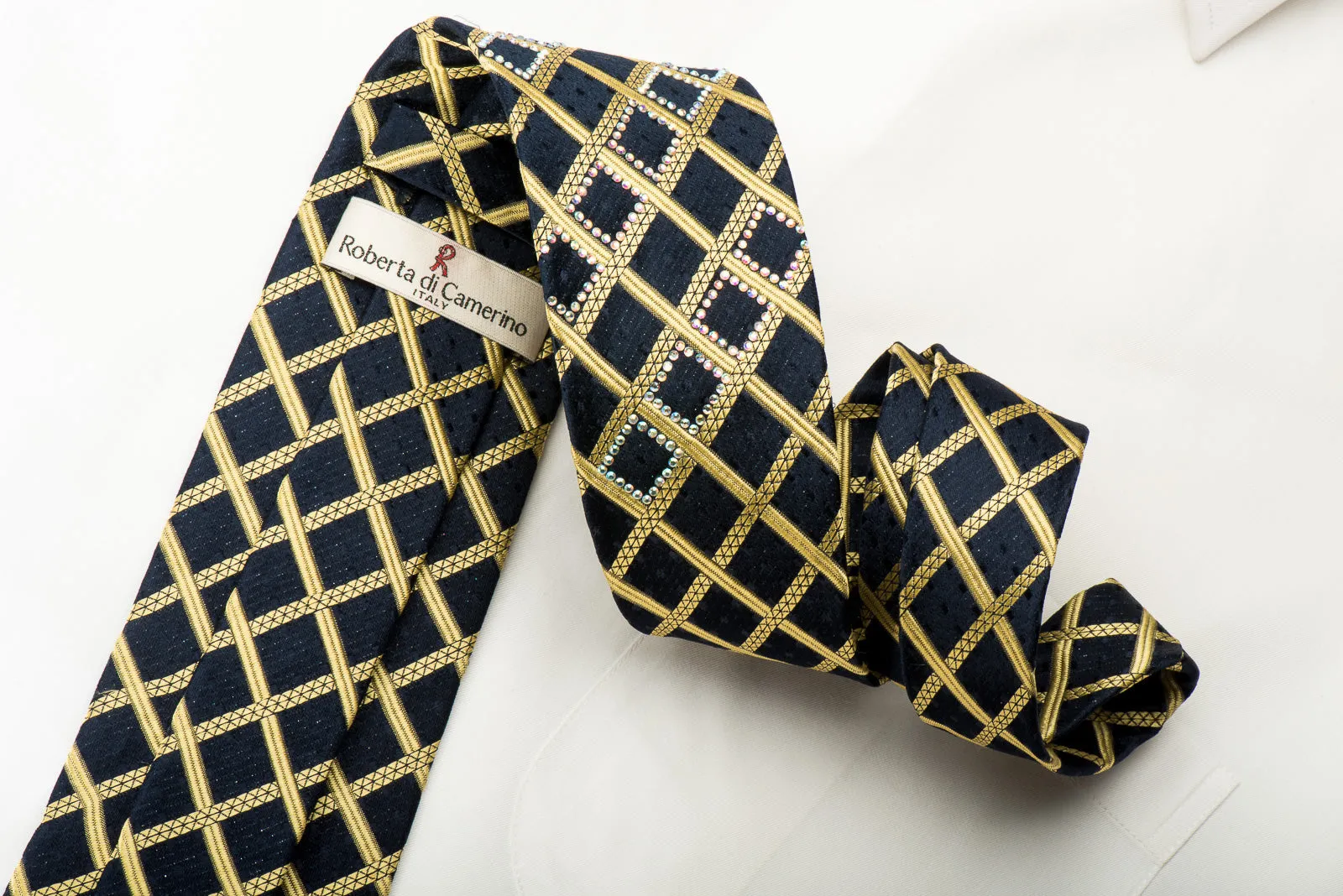 Roberta di Camerino Silk Tie Gold Check On Black With Rhinestone & Micro Sparkles