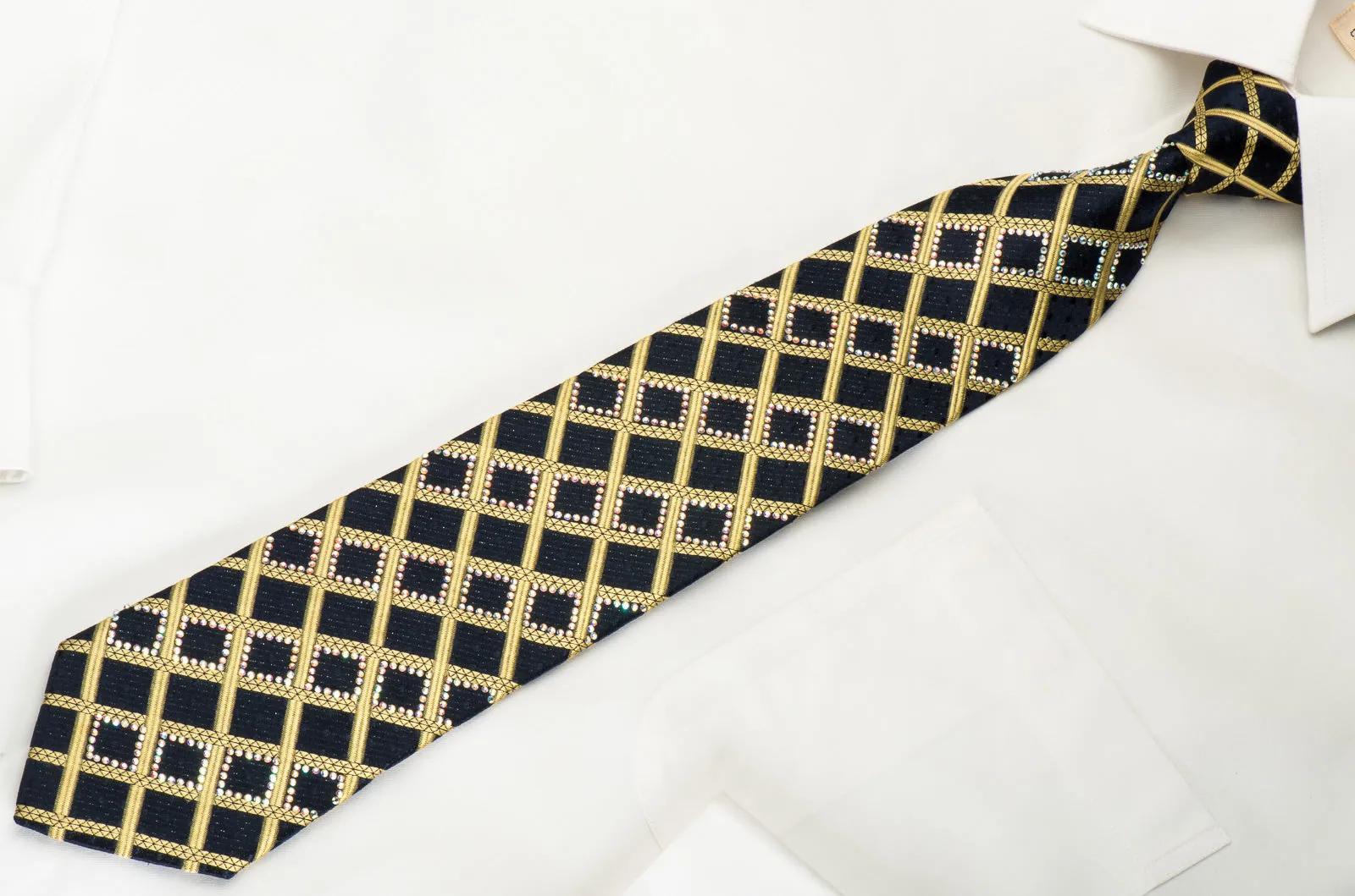 Roberta di Camerino Silk Tie Gold Check On Black With Rhinestone & Micro Sparkles