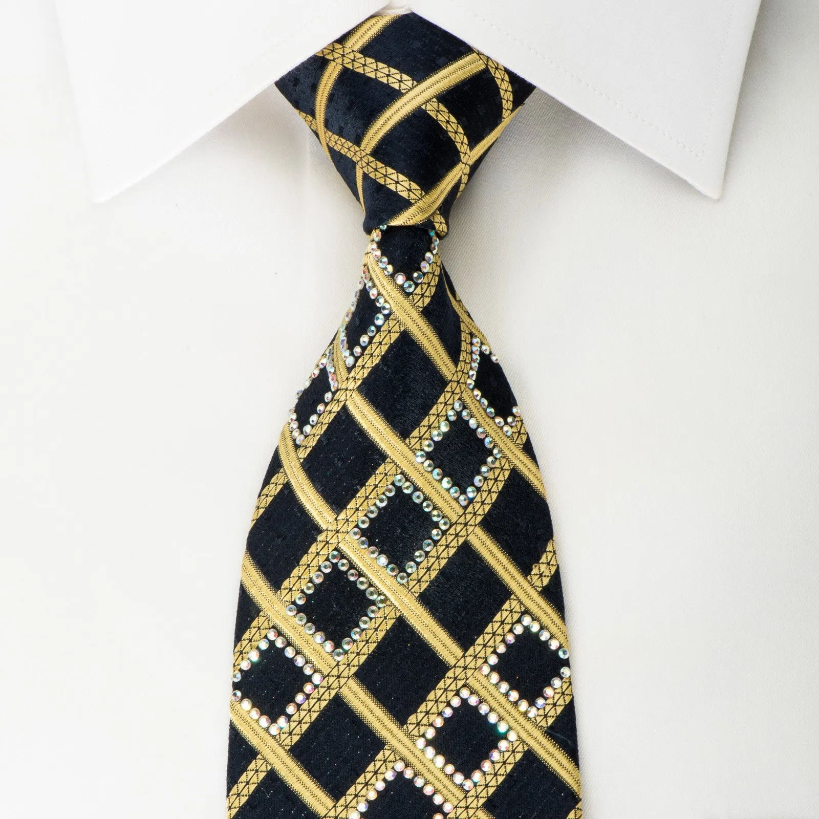 Roberta di Camerino Silk Tie Gold Check On Black With Rhinestone & Micro Sparkles