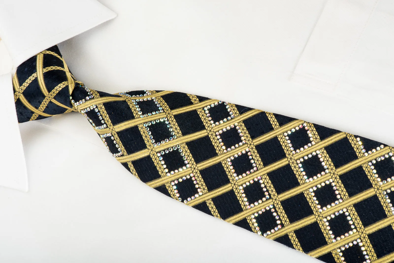 Roberta di Camerino Silk Tie Gold Check On Black With Rhinestone & Micro Sparkles