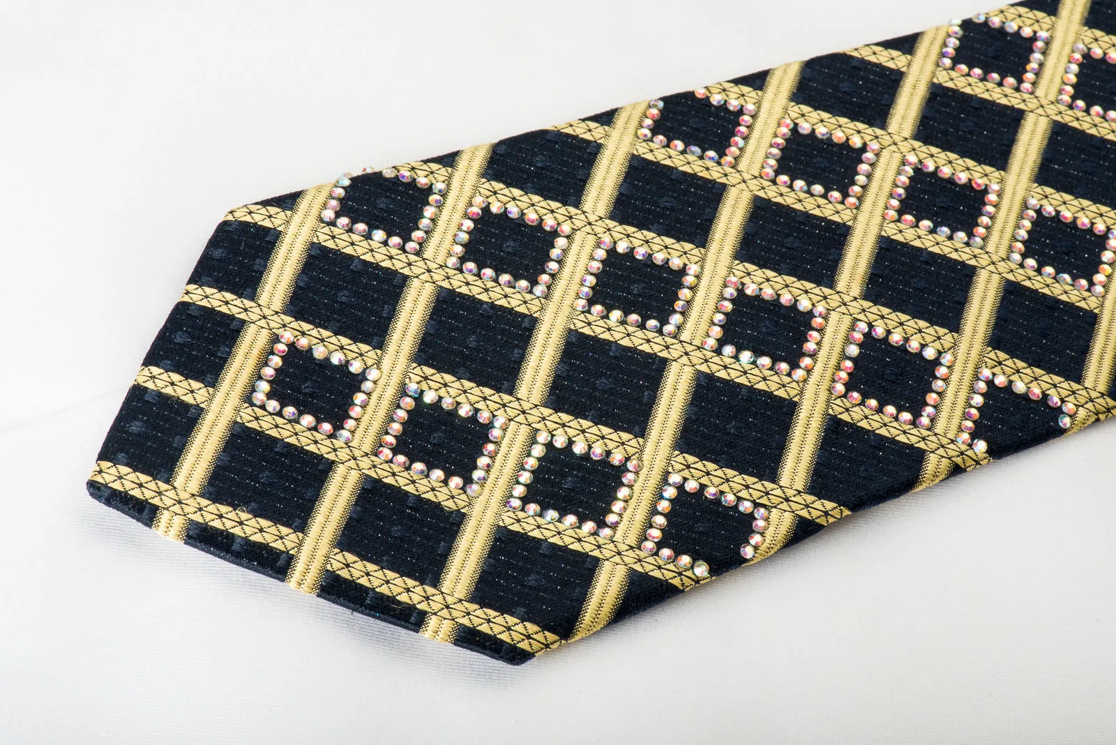 Roberta di Camerino Silk Tie Gold Check On Black With Rhinestone & Micro Sparkles