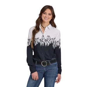 Roper Women's Horses Border Print Black Shirt