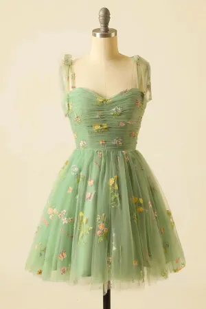 Sage Green Floral Embroidery Short Homecoming Dress