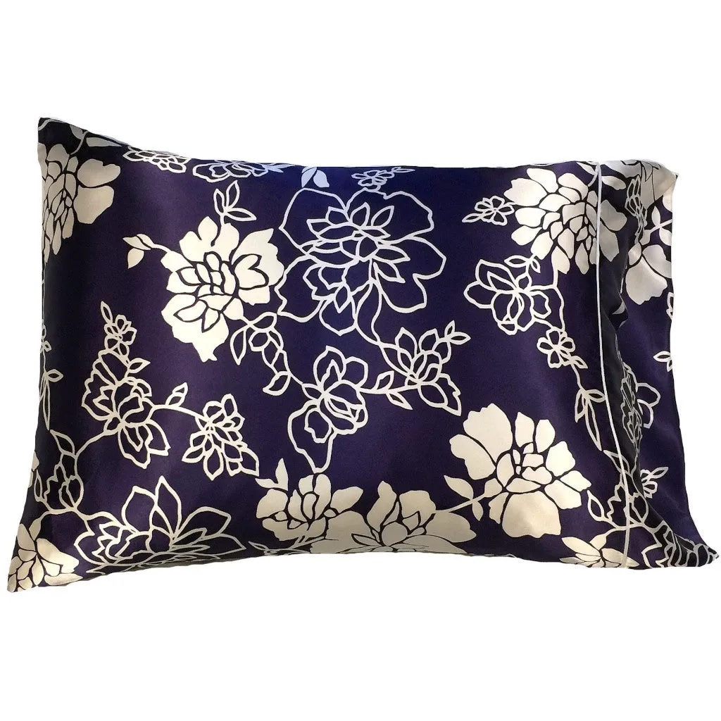 Satin Pillowcases, Navy Blue with White Flowers Floral Print