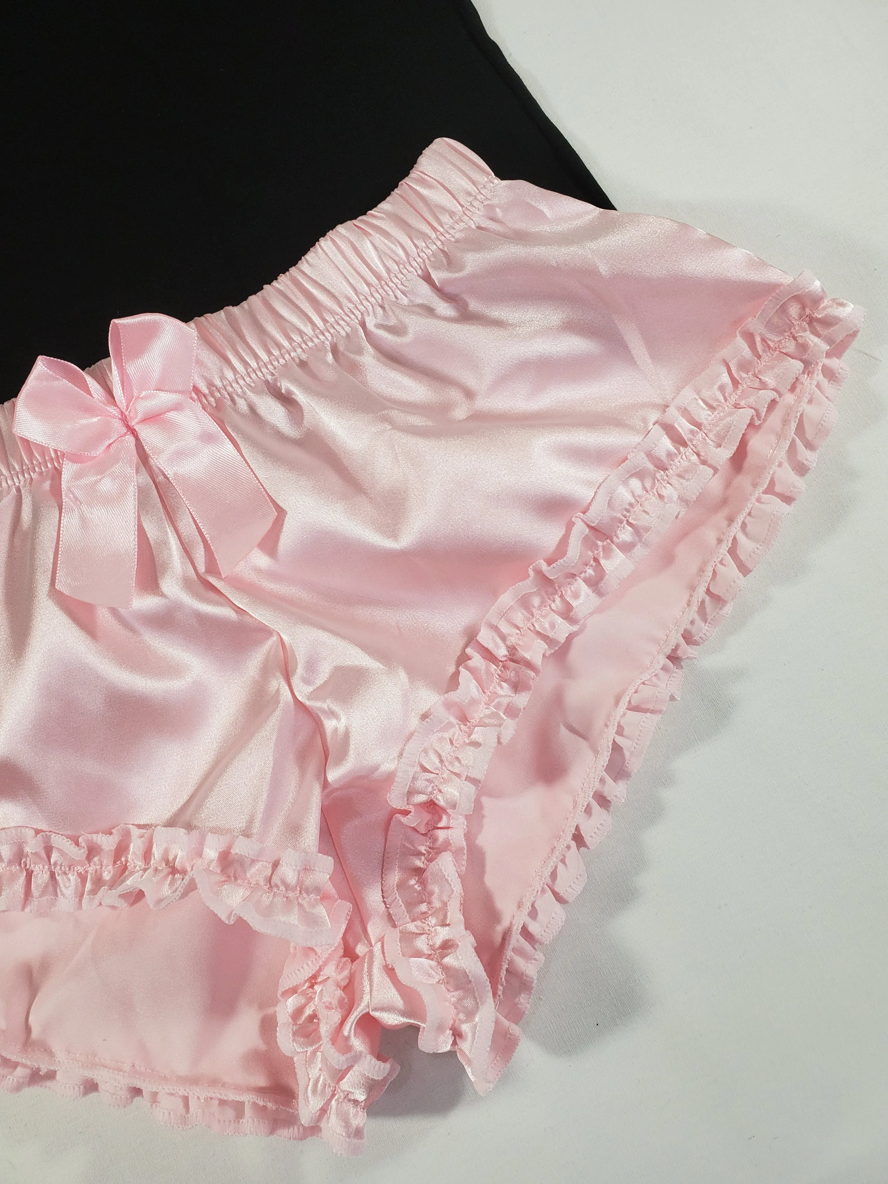 Sexy Women's pajama pink satin shorts black blouse