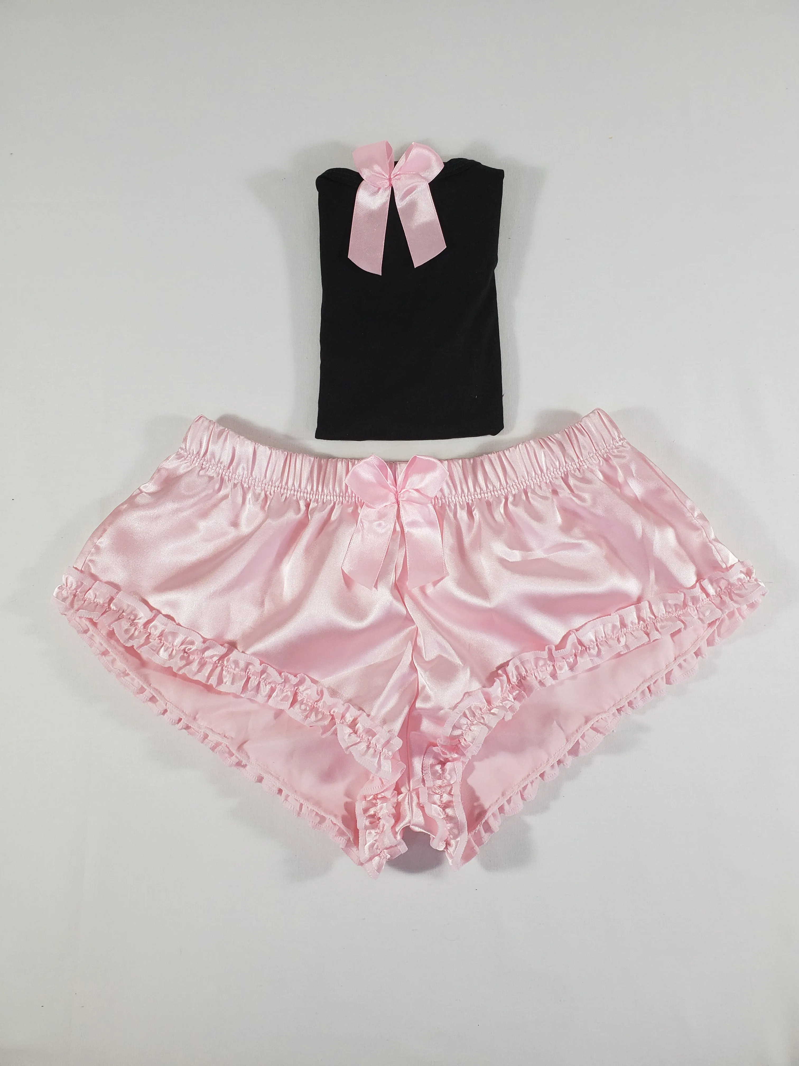 Sexy Women's pajama pink satin shorts black blouse