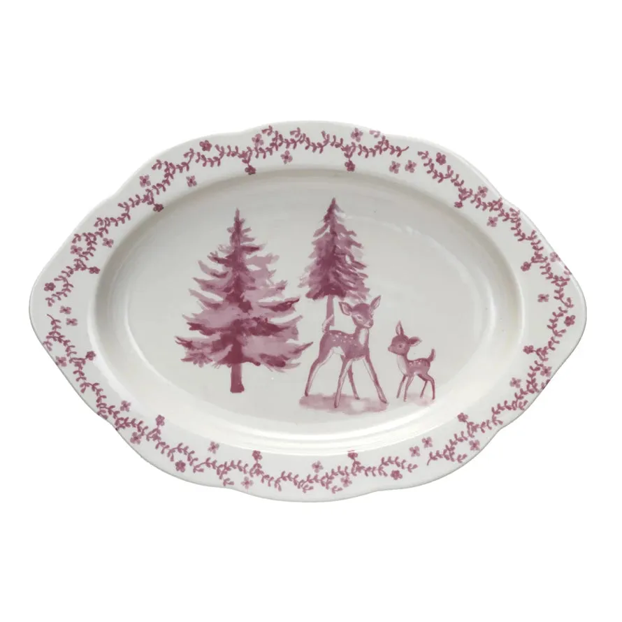 Stoneware Platter w/ Deer & Trees, Pink & Cream Color