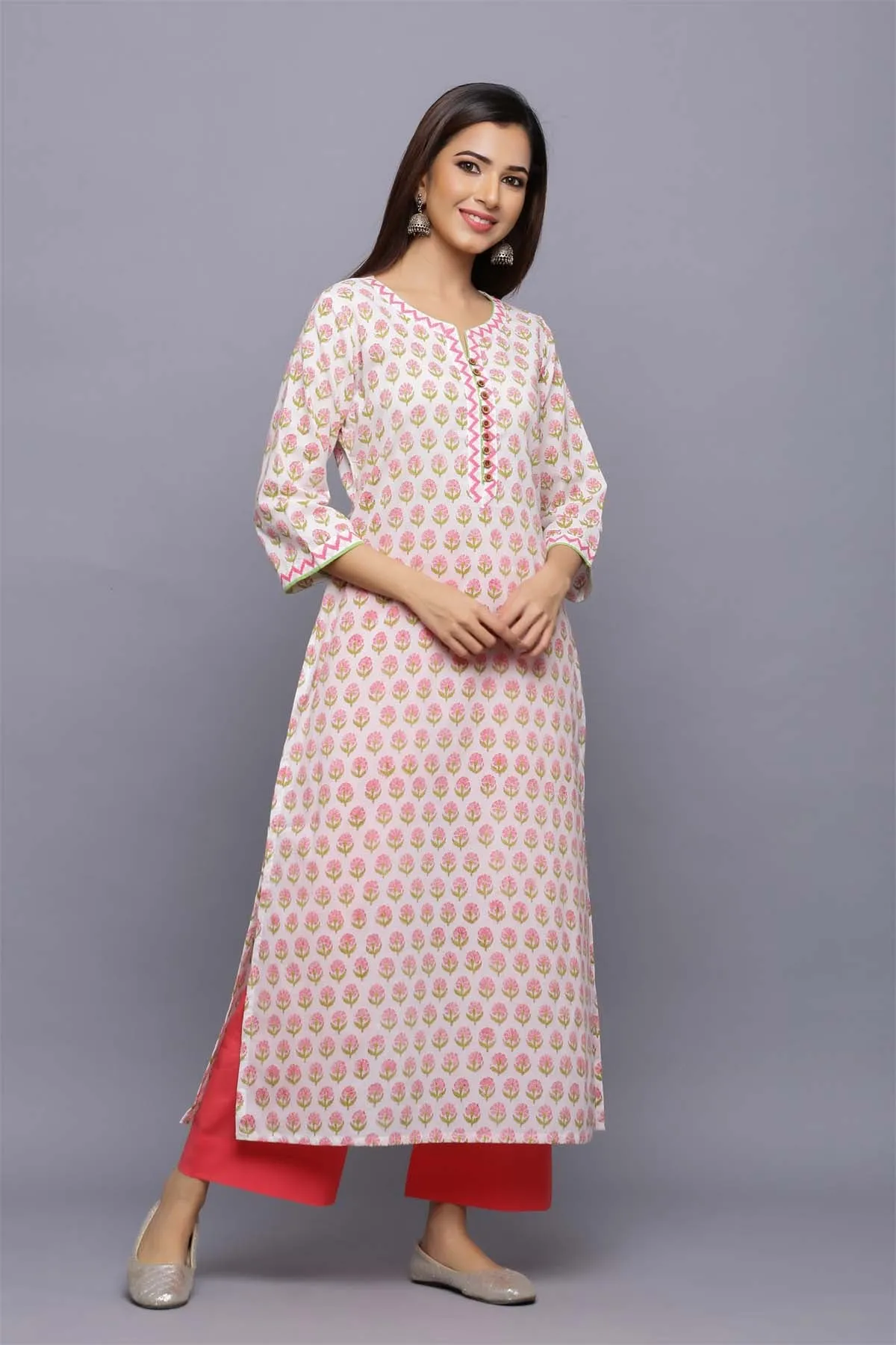 Straight Fit Hand Block Print kurta in Off-white base with buti print