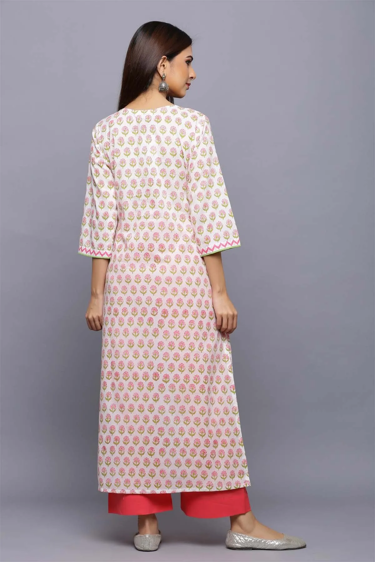 Straight Fit Hand Block Print kurta in Off-white base with buti print