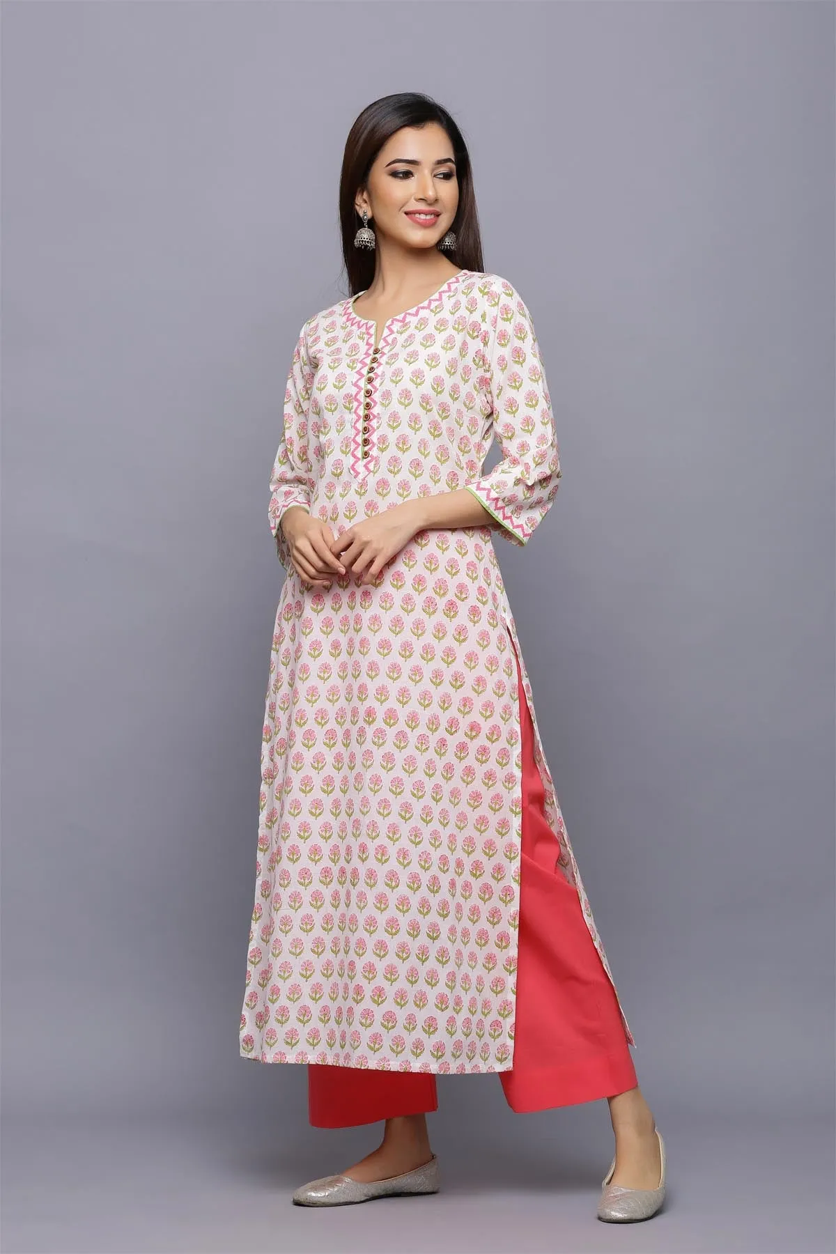 Straight Fit Hand Block Print kurta in Off-white base with buti print