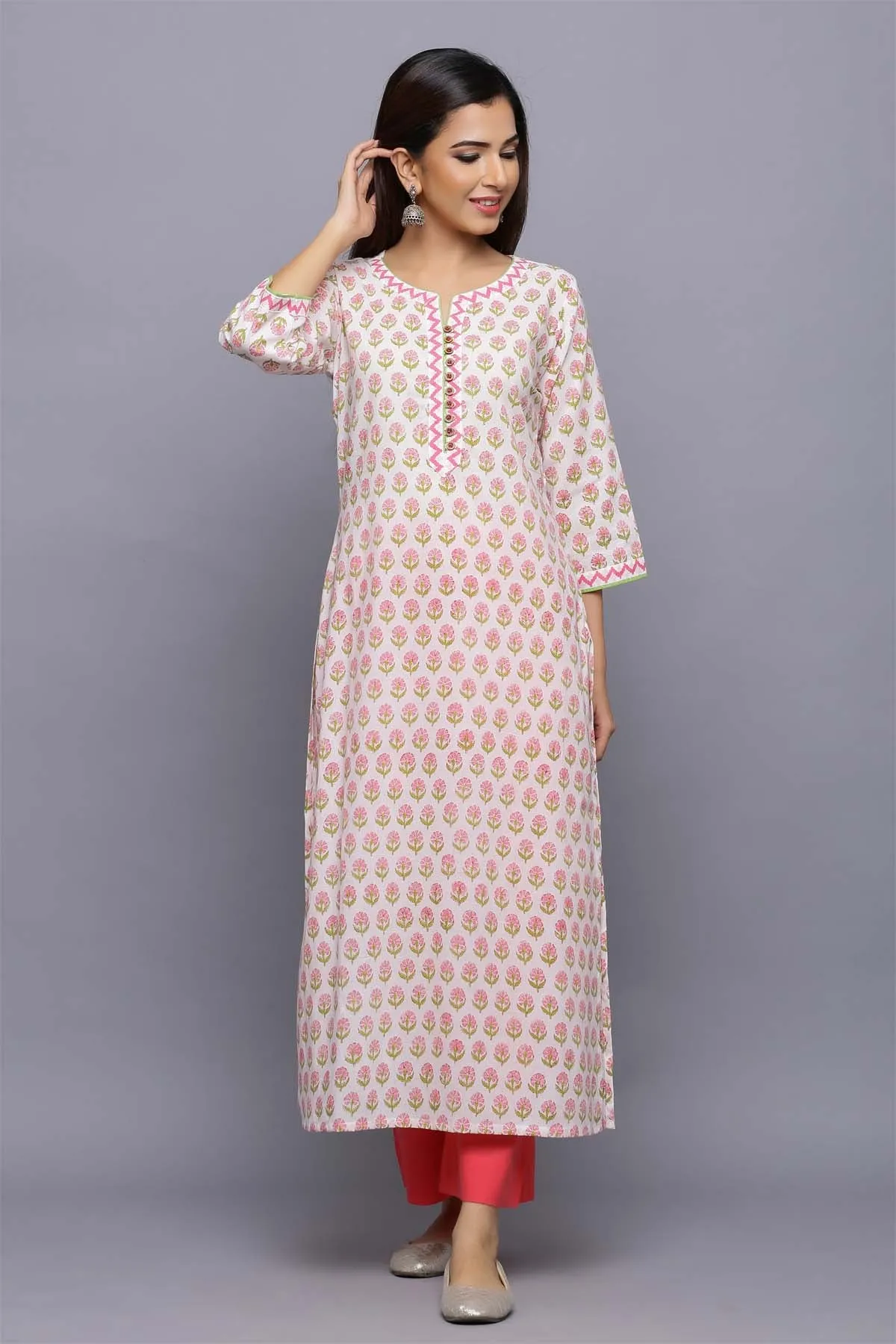 Straight Fit Hand Block Print kurta in Off-white base with buti print