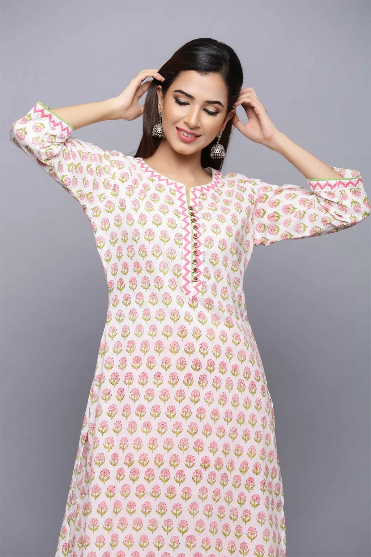 Straight Fit Hand Block Print kurta in Off-white base with buti print