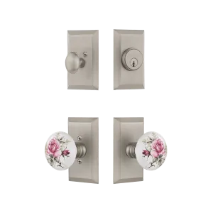 Studio Entry Set with White Rose Porcelain Knob in Satin Nickel