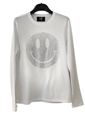 T-Shirt, Long Sleeve White, Silver Crystal Smiley