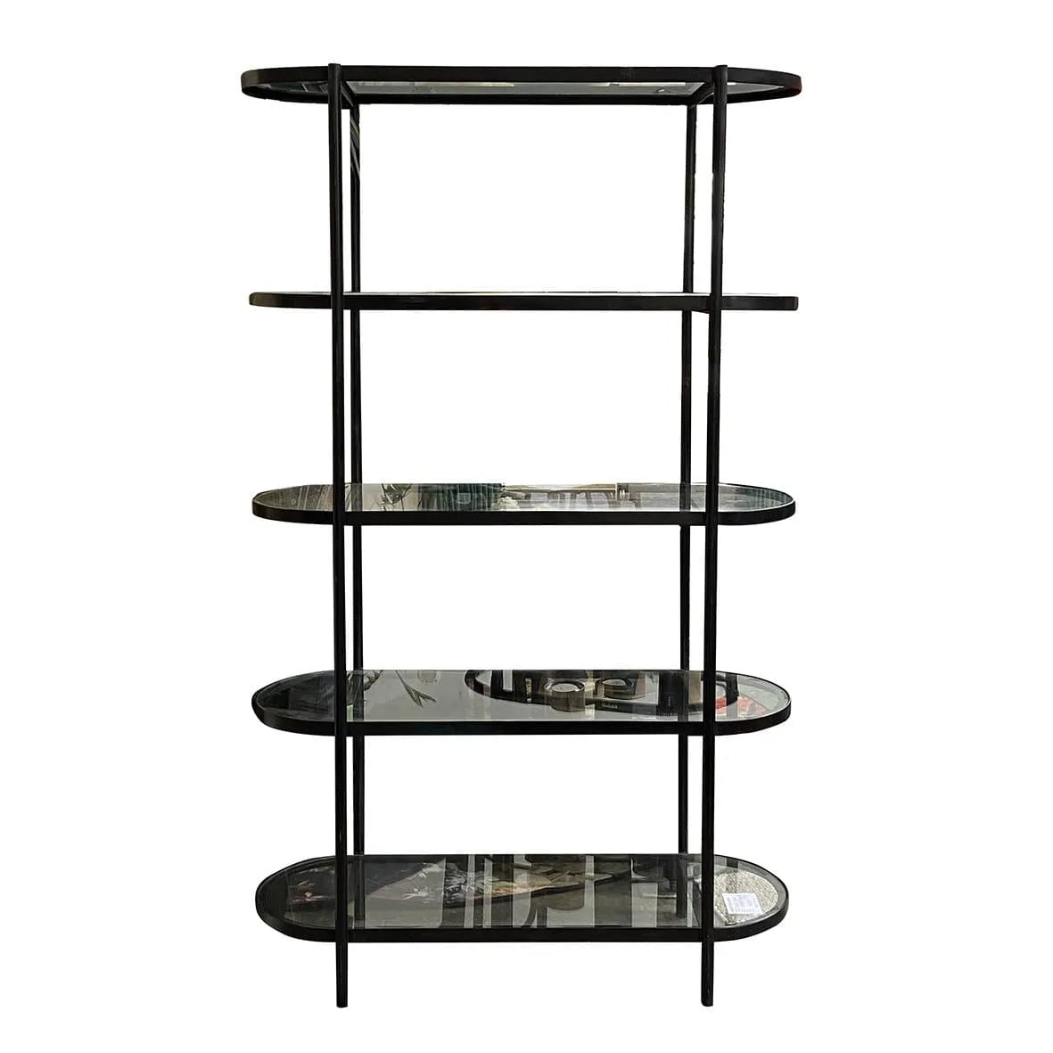 Tall Glass and Black Metal Shelf