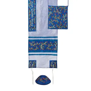 Tallit Set - Machine Embroidery - Pomegranates - Light Blue