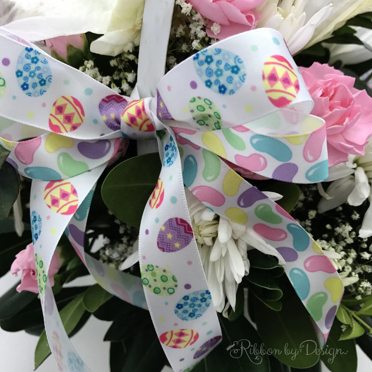 Tossed Eggs Ribbon on 7/8" White Satin Ribbon