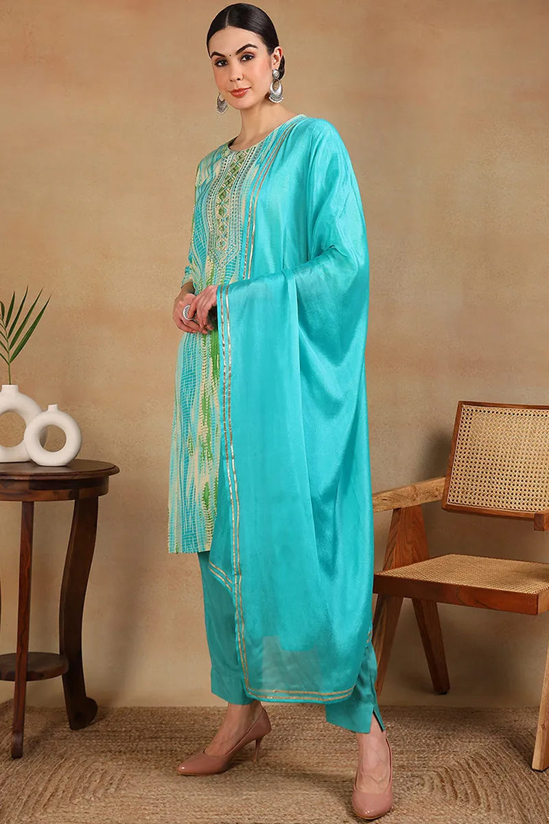 Turquoise Blue Rayon Geometric Printed Embroidered Straight Suit Set