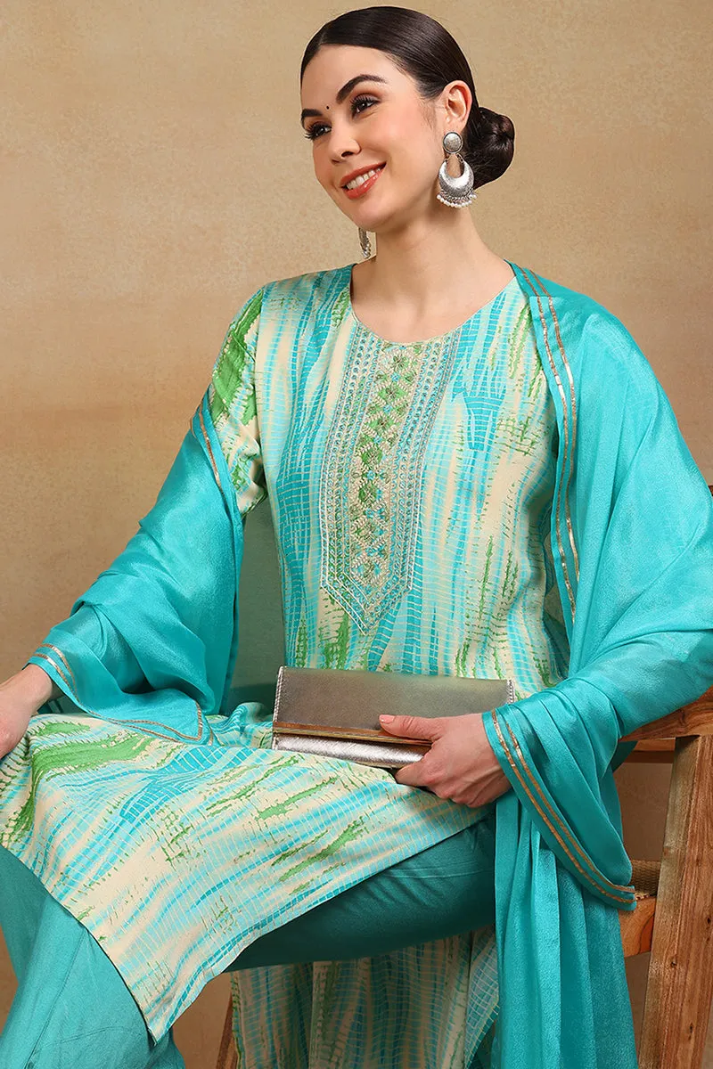 Turquoise Blue Rayon Geometric Printed Embroidered Straight Suit Set