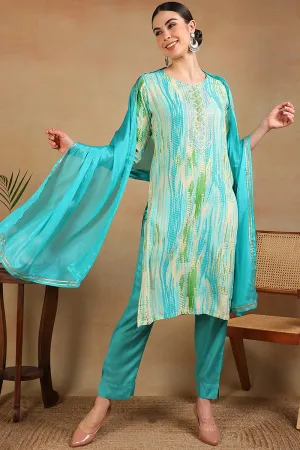 Turquoise Blue Rayon Geometric Printed Embroidered Straight Suit Set