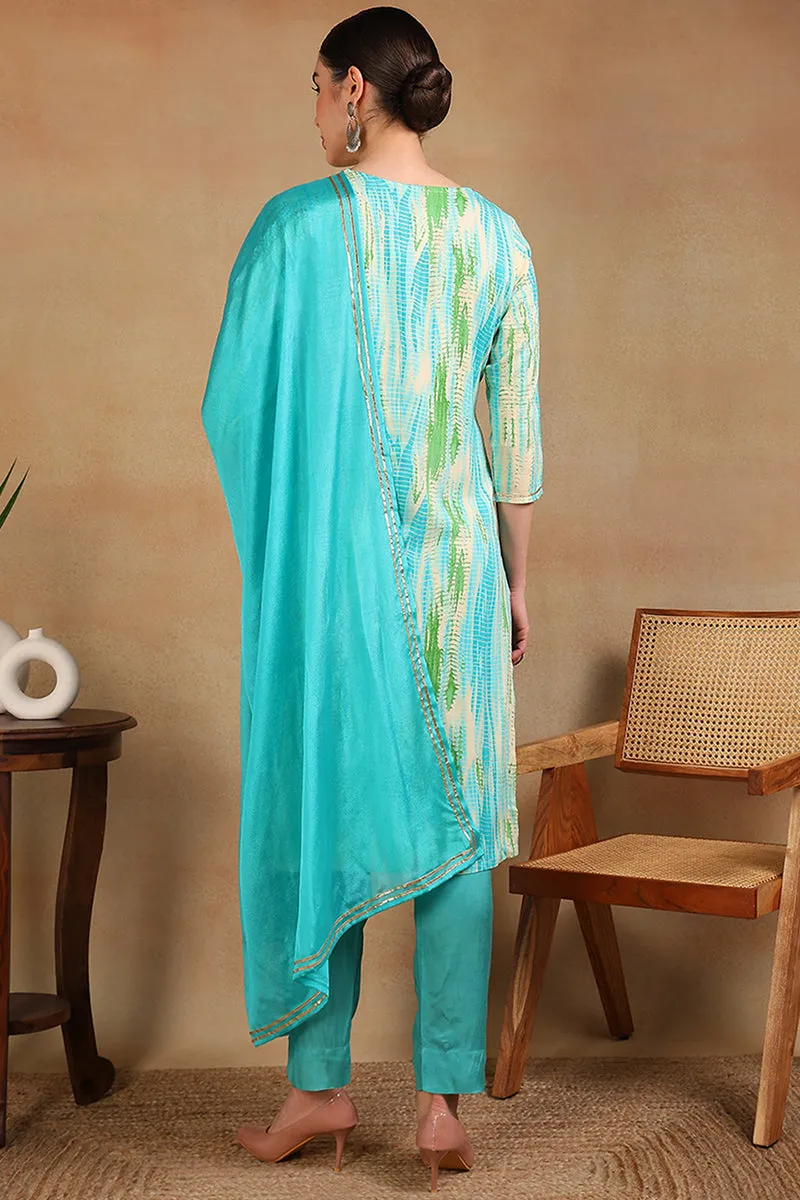 Turquoise Blue Rayon Geometric Printed Embroidered Straight Suit Set