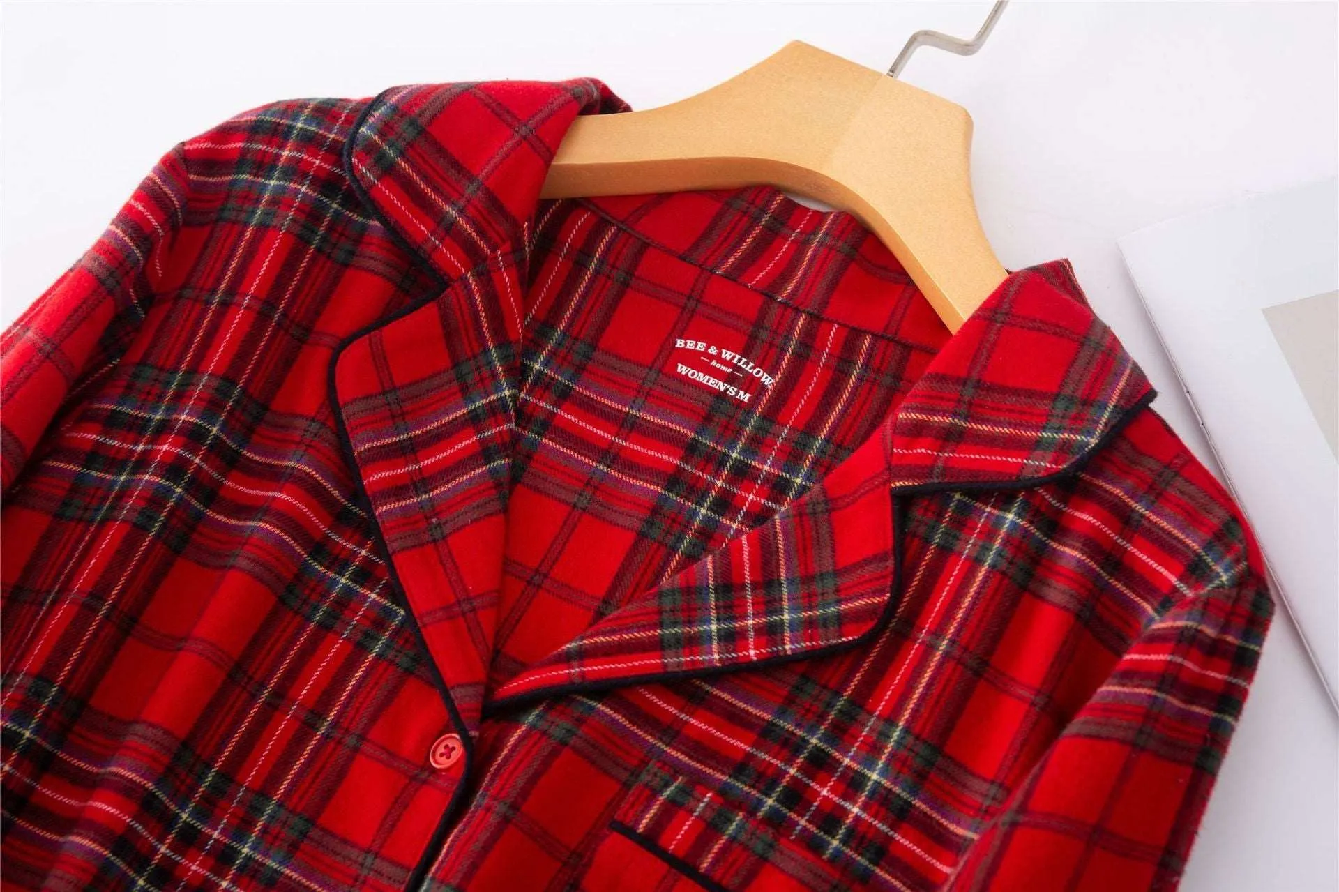 Unisex Couple Red Plaid Loose Long Sleeves Flannel Pajamas Set