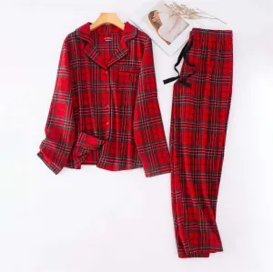 Unisex Couple Red Plaid Loose Long Sleeves Flannel Pajamas Set